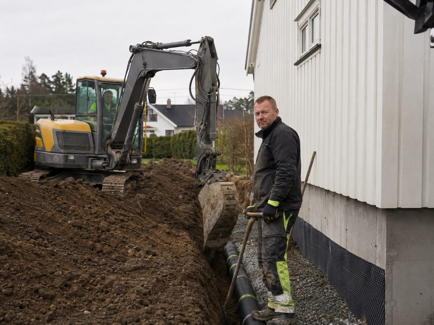 Drenering langs grunnmur med drensrør og pukk i Holmestrand