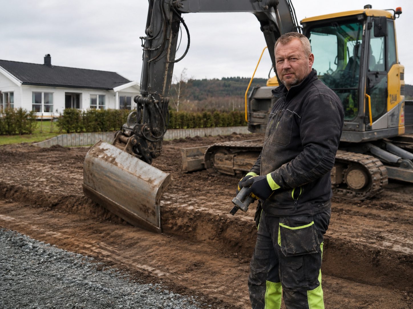 Gravemaskin som graver grøft på et oppdrag i Vestfold