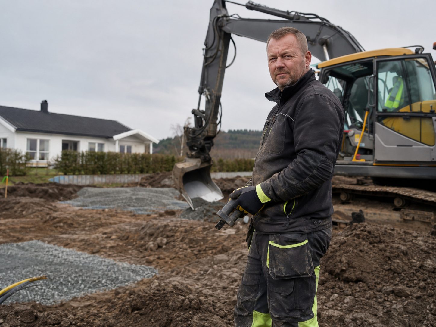 Hans Petter Myrvollen ved gravemaskinen på et grunnarbeid-oppdrag i Sande