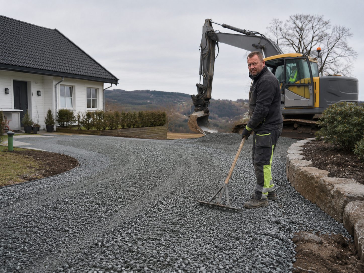 Opparbeiding av grusoppkjørsel med gravemaskin i Sande